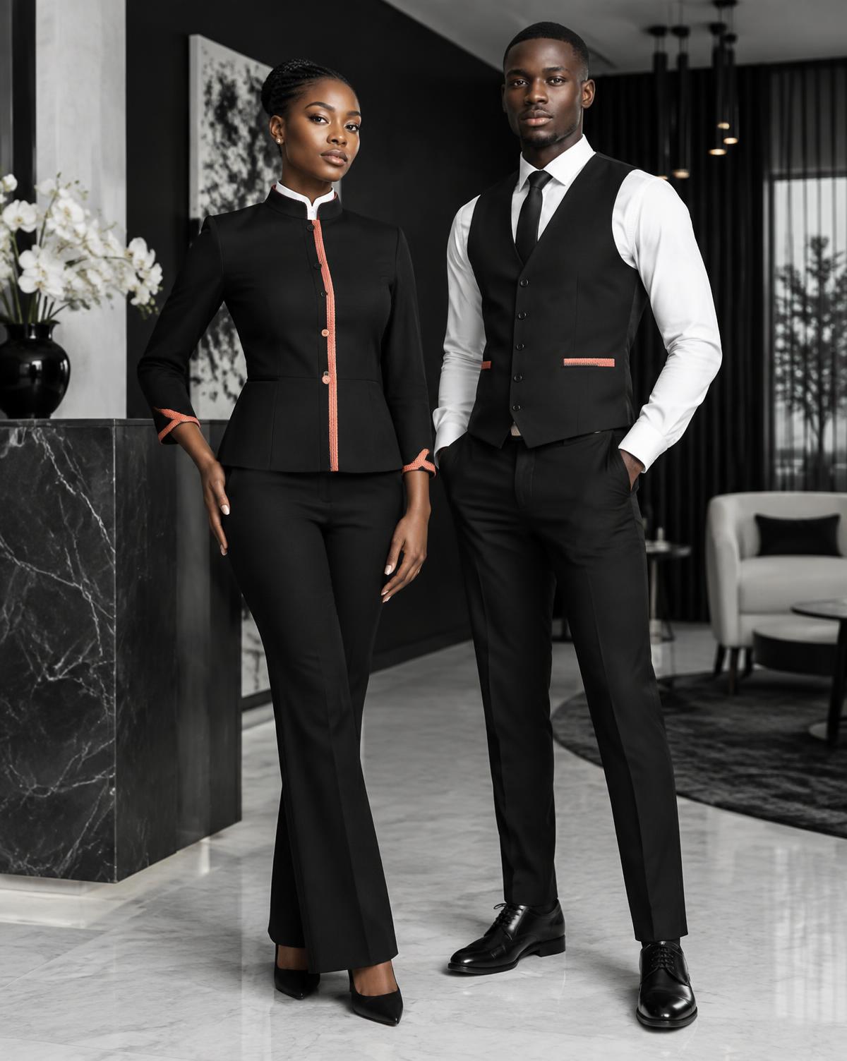 Black African hospitality professionals in refined monochrome uniforms