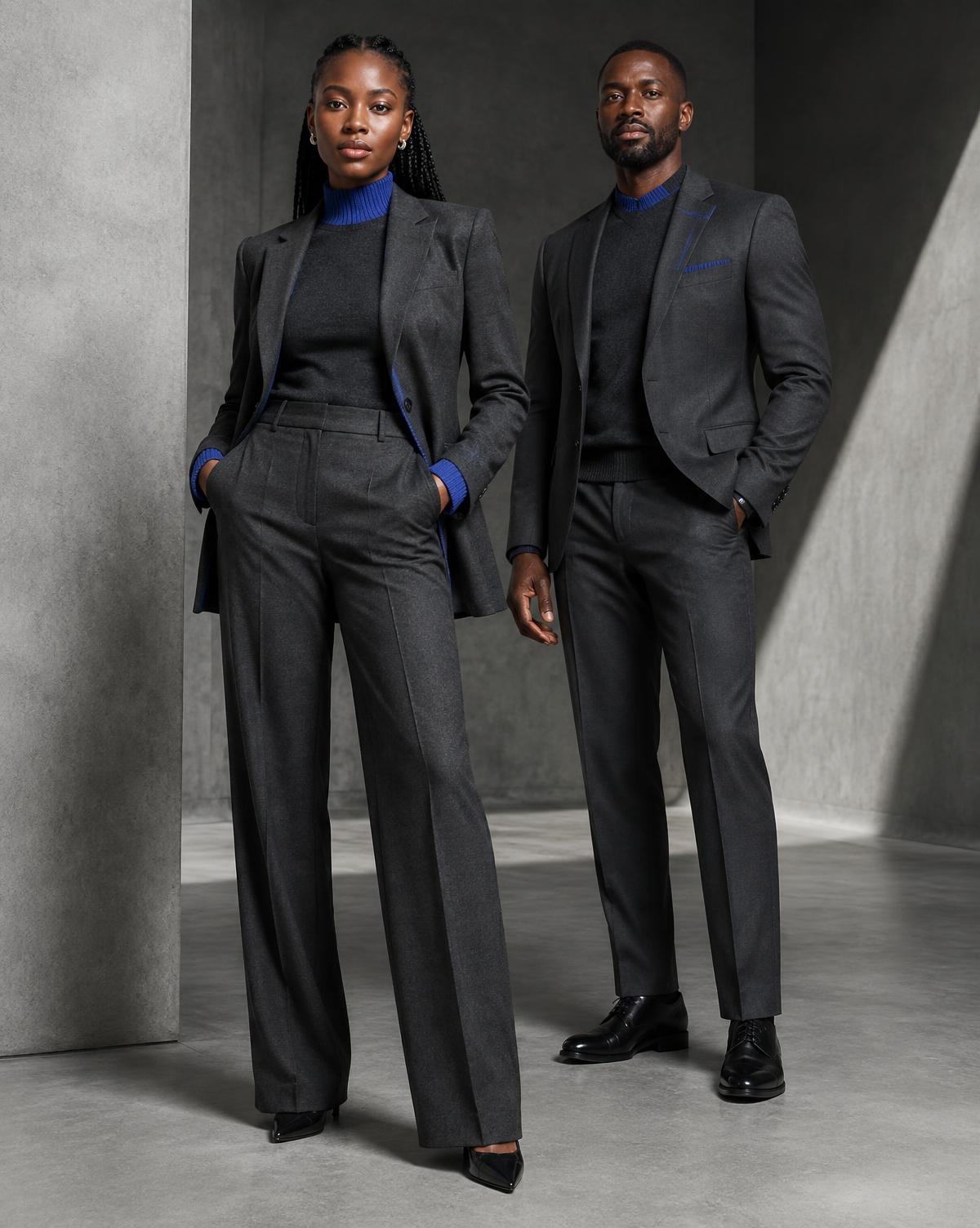 Black African corporate team in tailored charcoal uniforms