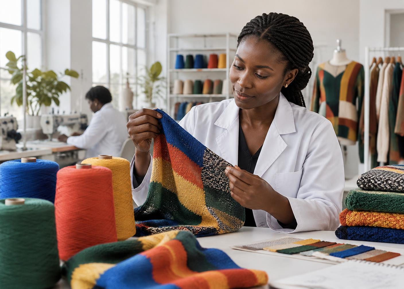 Adio knitwear specialist inspecting a colorful knitted garment